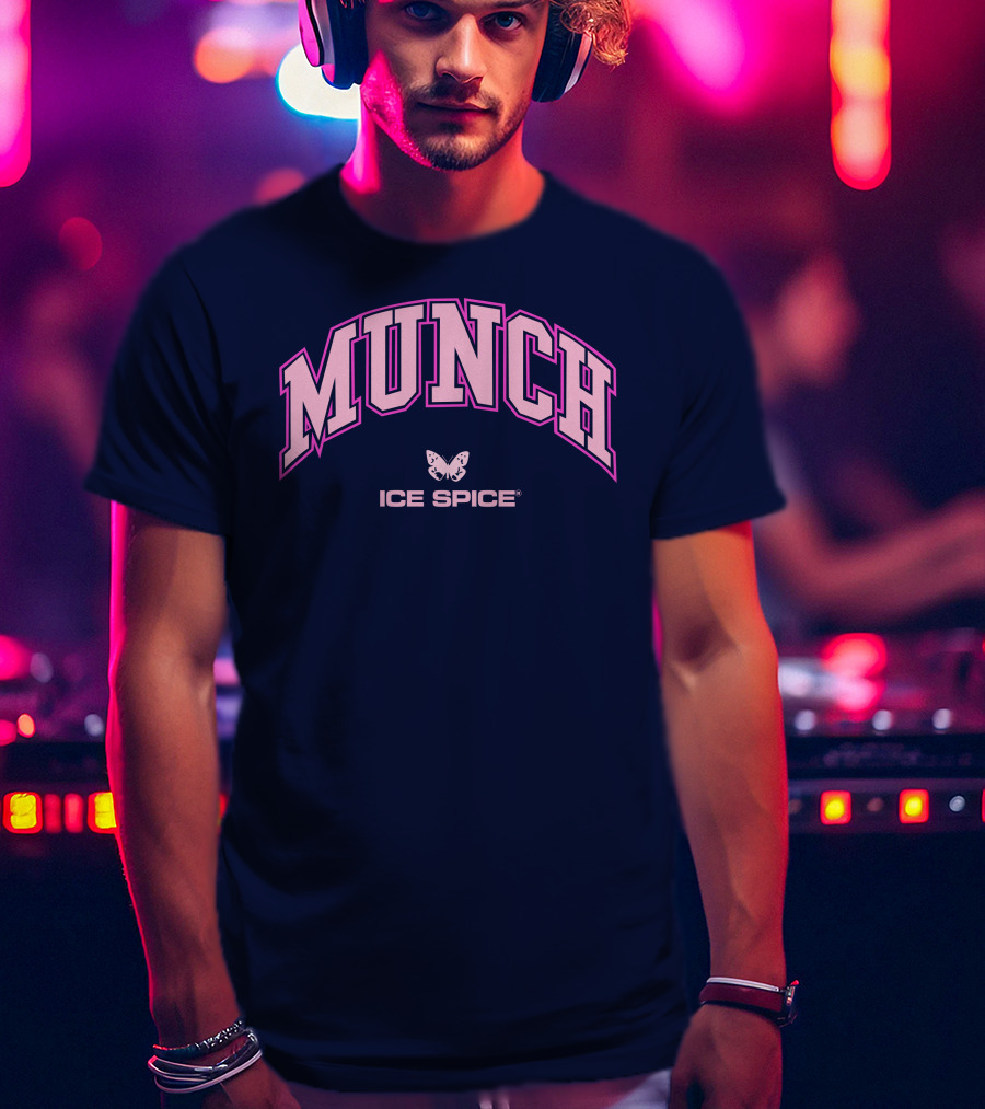 Munch Butterfly Ice Spice Pink Lettering Dark Blue Background T-Shirt