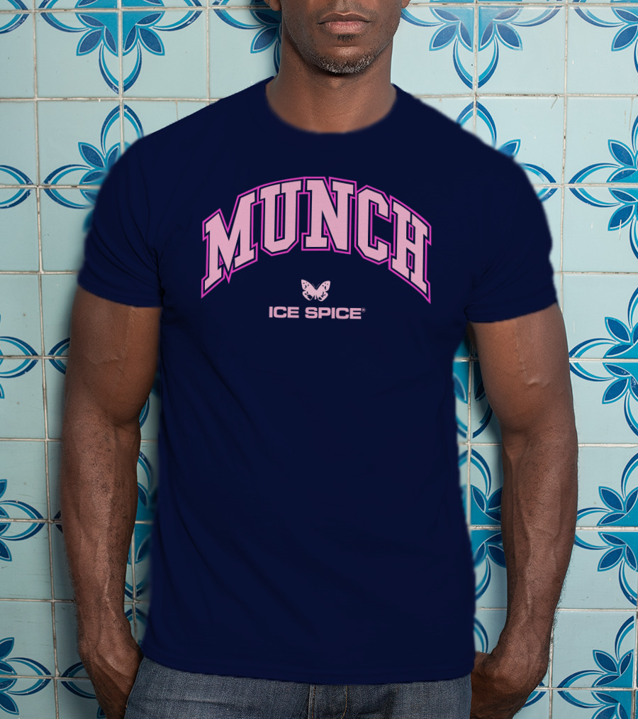 Munch Butterfly Ice Spice Pink Lettering Dark Blue Background T-Shirt