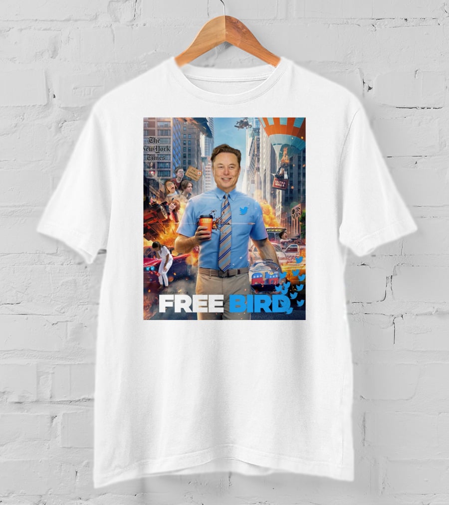 Elon Musk Free Bird I'm Leaving Twitter Chaos Explosion Cityscape Car Plane Twitter T-Shirt