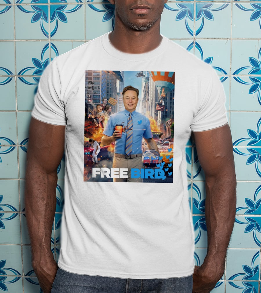 Elon Musk Free Bird I'm Leaving Twitter Chaos Explosion Cityscape Car Plane Twitter T-Shirt