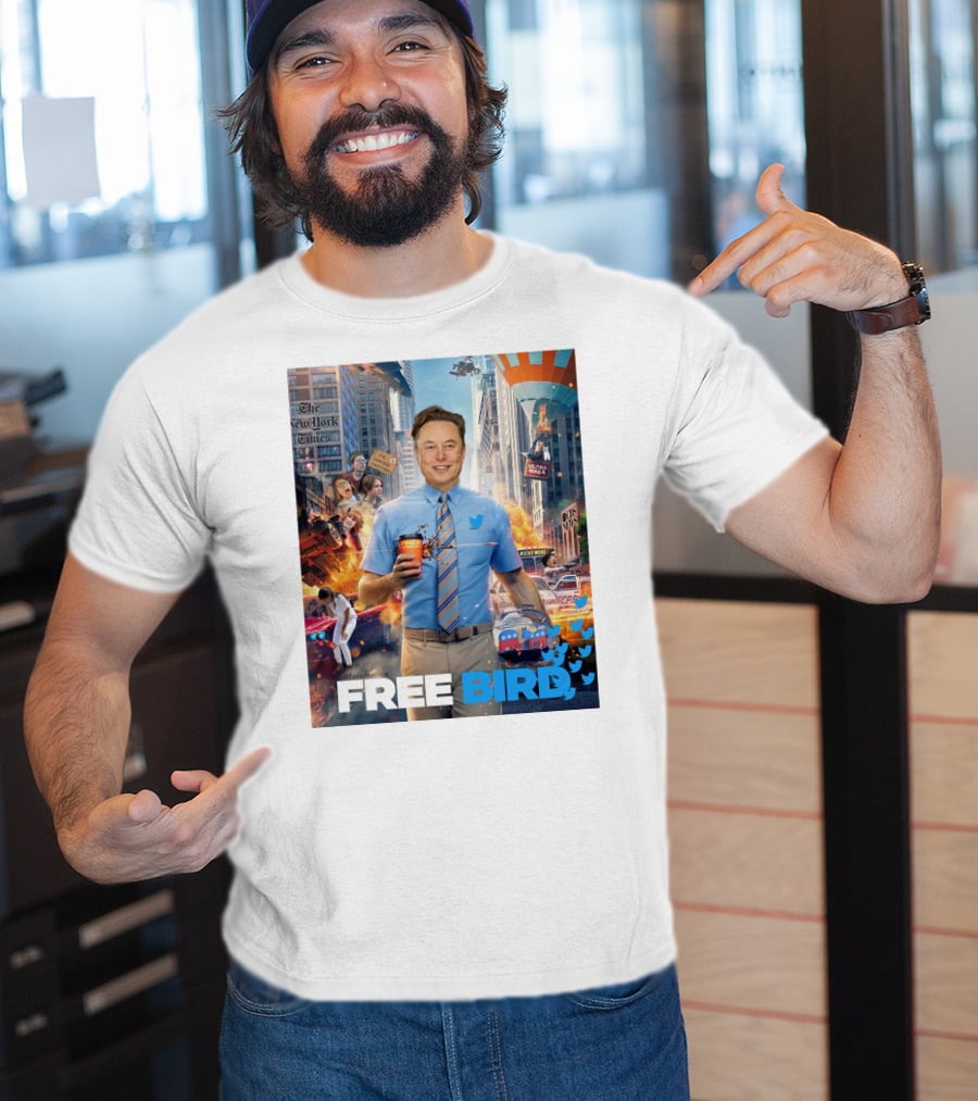 Elon Musk Free Bird I'm Leaving Twitter Chaos Explosion Cityscape Car Plane Twitter T-Shirt