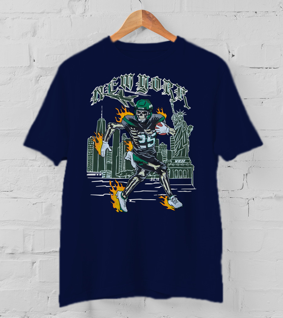 New York Ty Johnson Football Skyline Skeleton Art Flames Statue Of Liberty T-Shirt