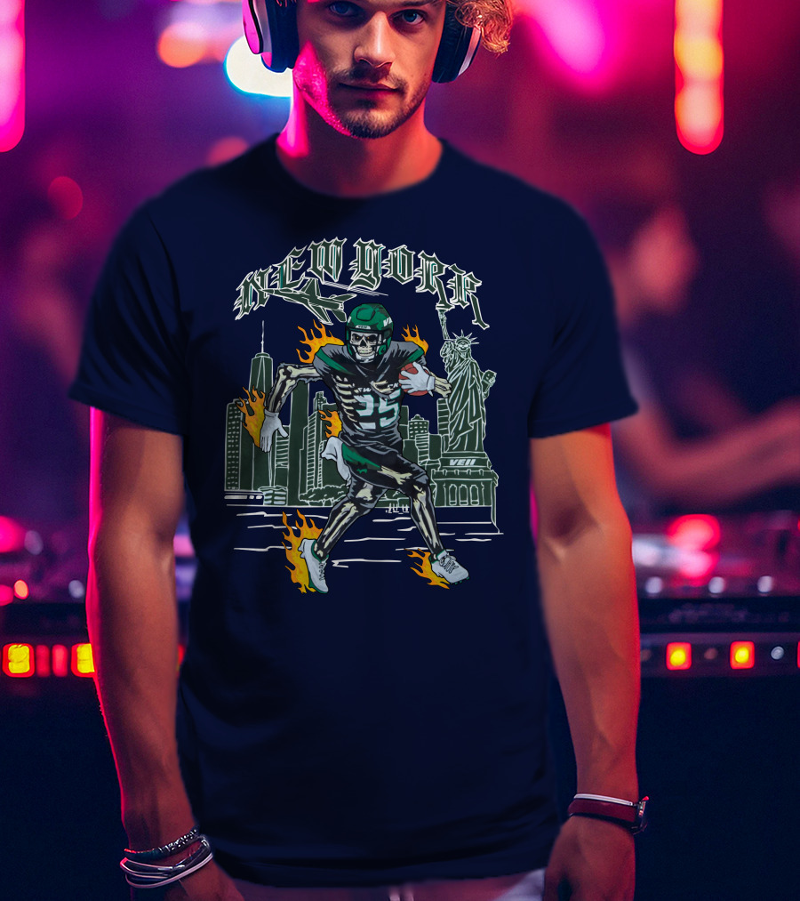 New York Ty Johnson Football Skyline Skeleton Art Flames Statue Of Liberty T-Shirt