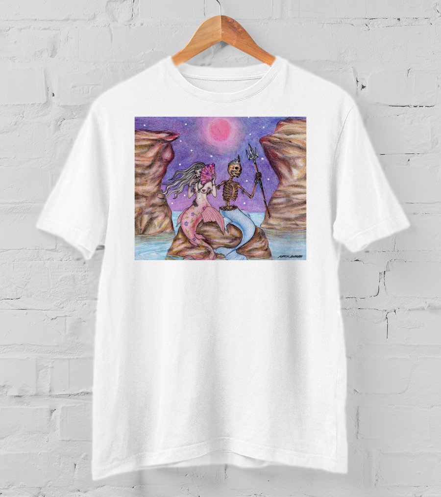 Marcos Alvarado Sea Of Love Mermaid And Skeleton Under Pink Moon T-Shirt