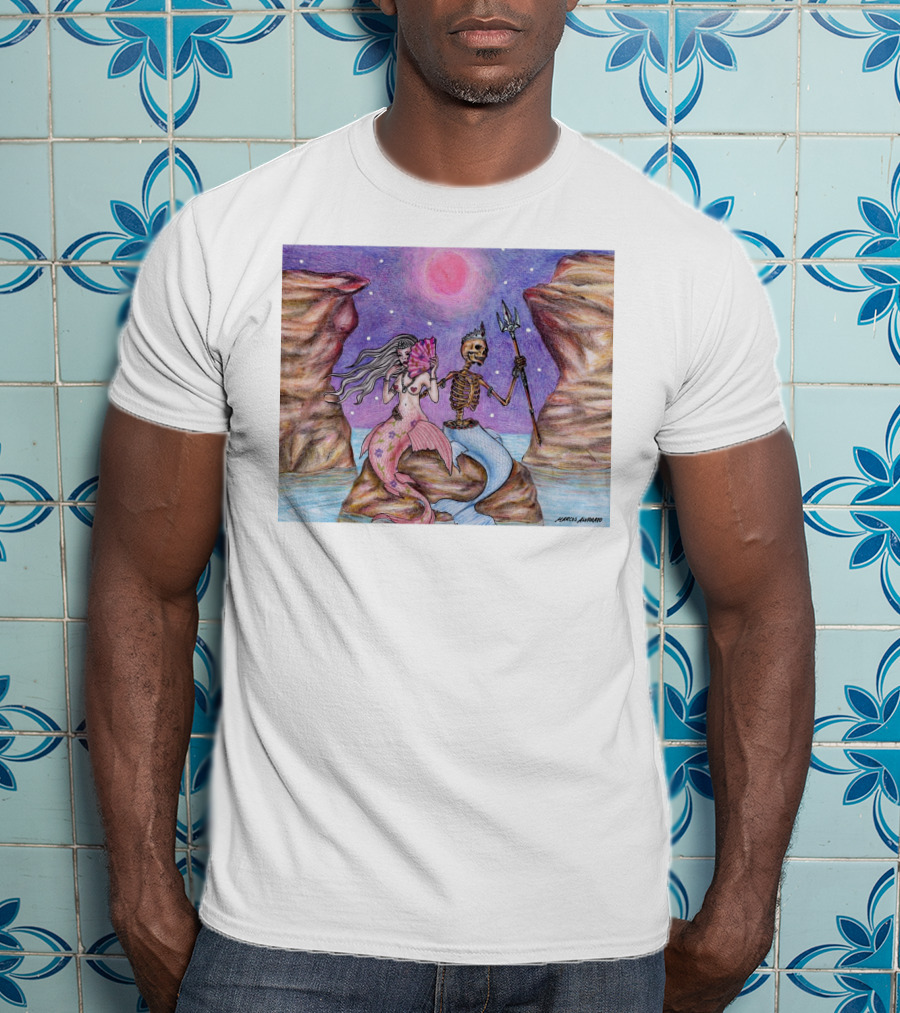 Marcos Alvarado Sea Of Love Mermaid And Skeleton Under Pink Moon T-Shirt