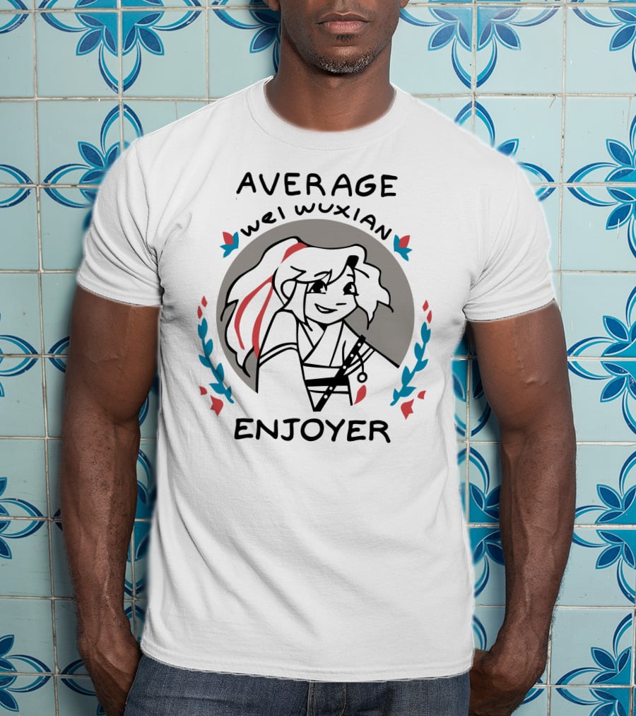 Average Wei Wuxian Enjoyer Emblem With Cartoon Character And Floral Accents T-Shirt