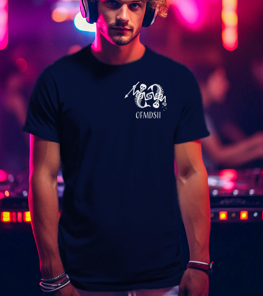 Samba Schutte Wearing OFMDSII Skeleton Arrow Design Navy T-Shirt
