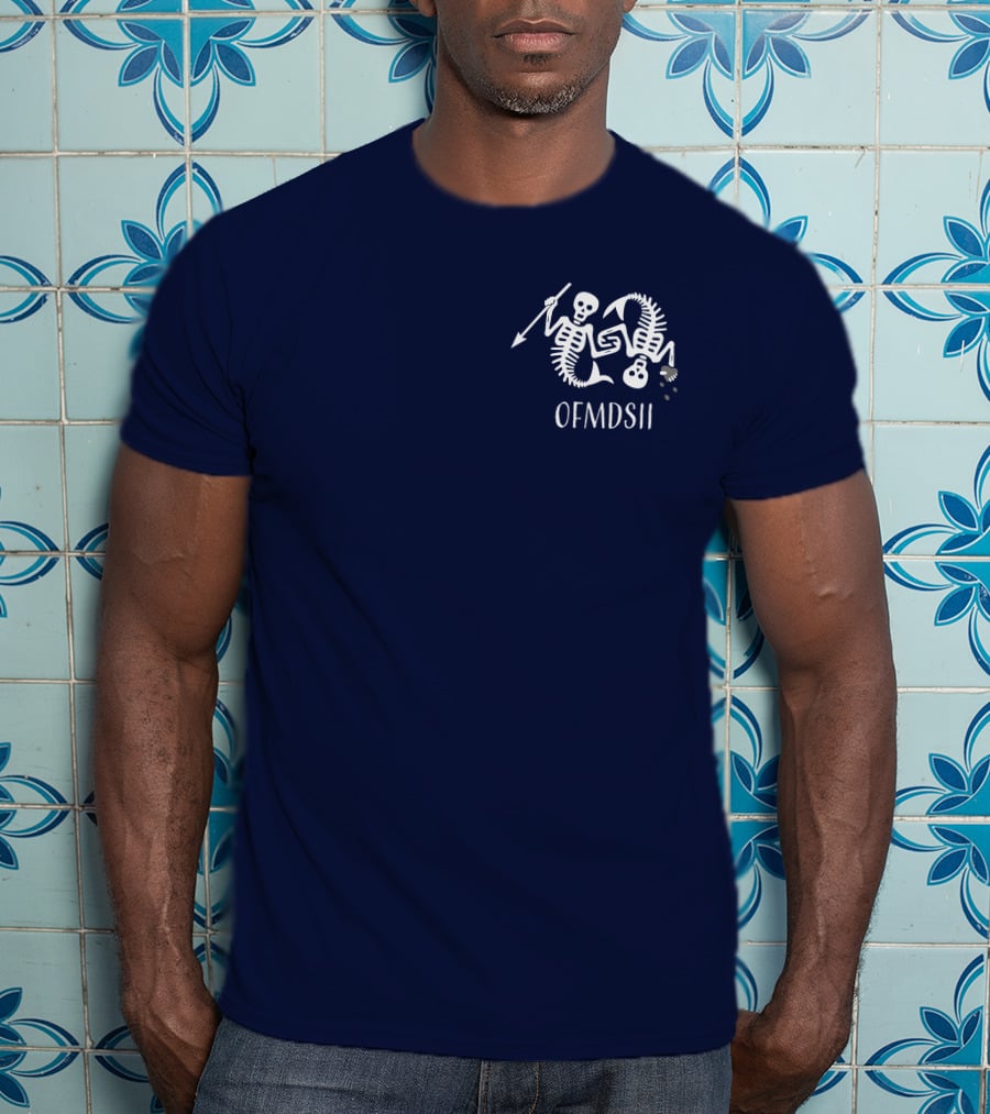 Samba Schutte Wearing OFMDSII Skeleton Arrow Design Navy T-Shirt