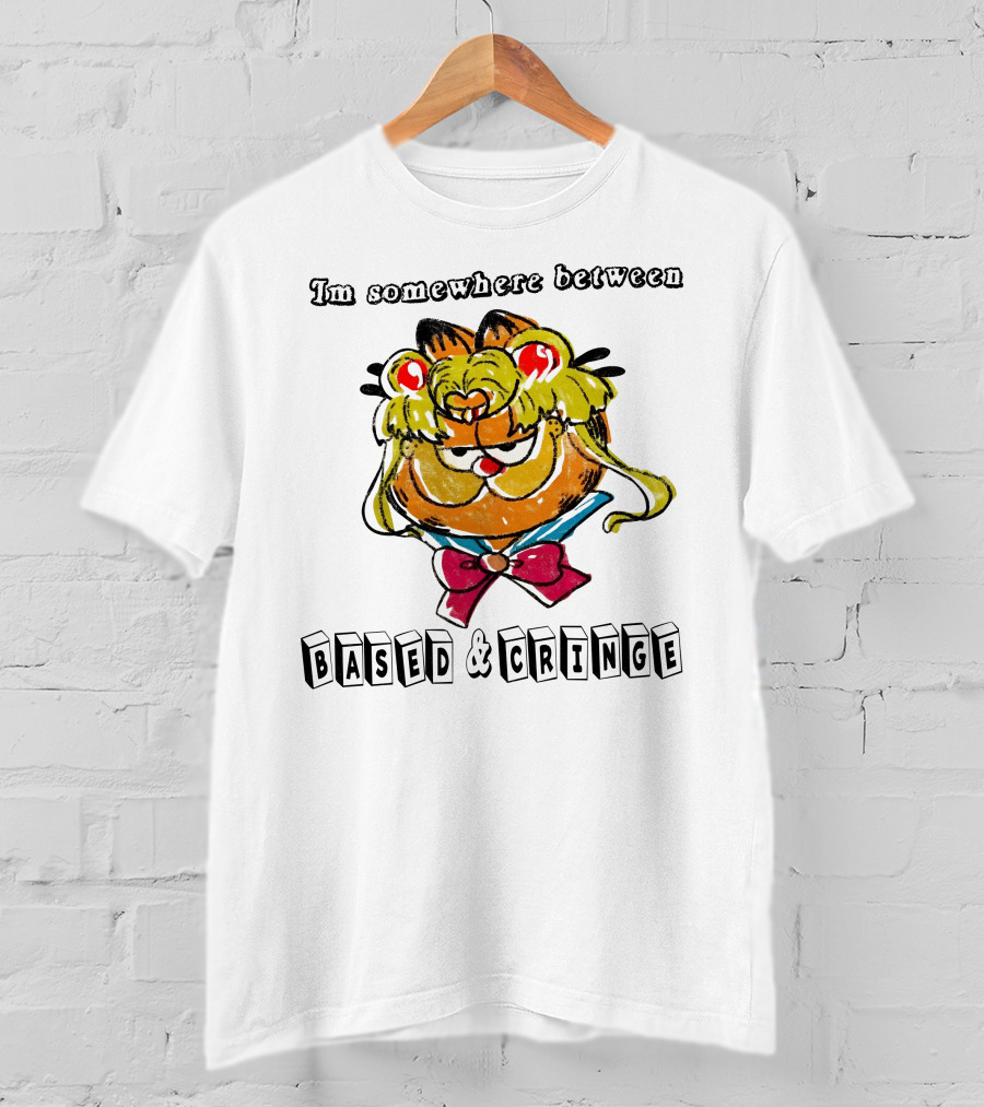 I'm Somewhere Between Based And Cringe With Cartoon Cat Mashup T-Shirt