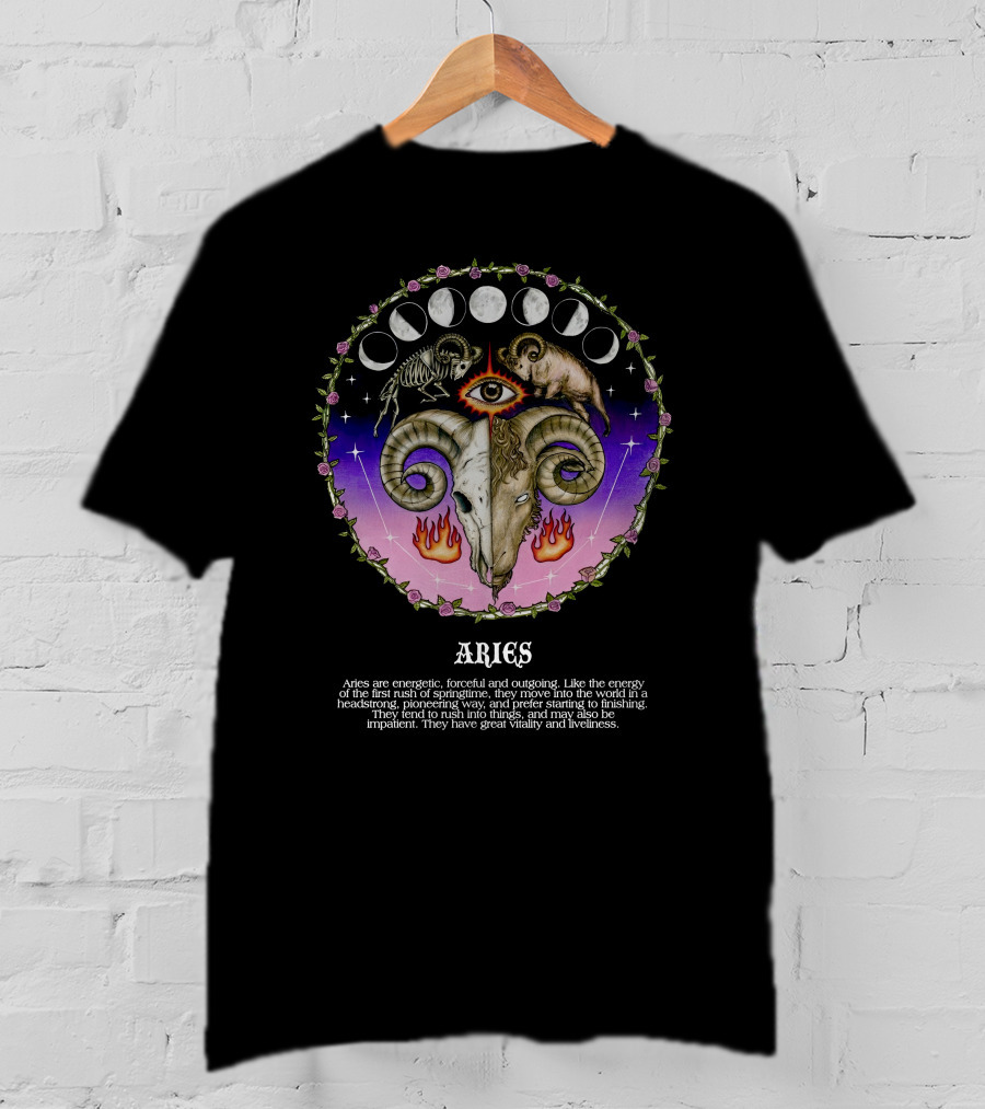 Aries Energetic Forceful Outgoing Headstrong Powerful Vitality Roses Moon Phases Ram Flame Eye T-Shirt