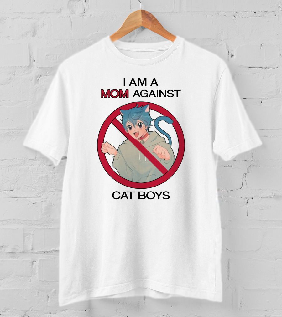 I Am A Mom Against Cat Boys Prohibition Symbol Cartoon Character With Blue Hair And Cat Ears T-Shirt