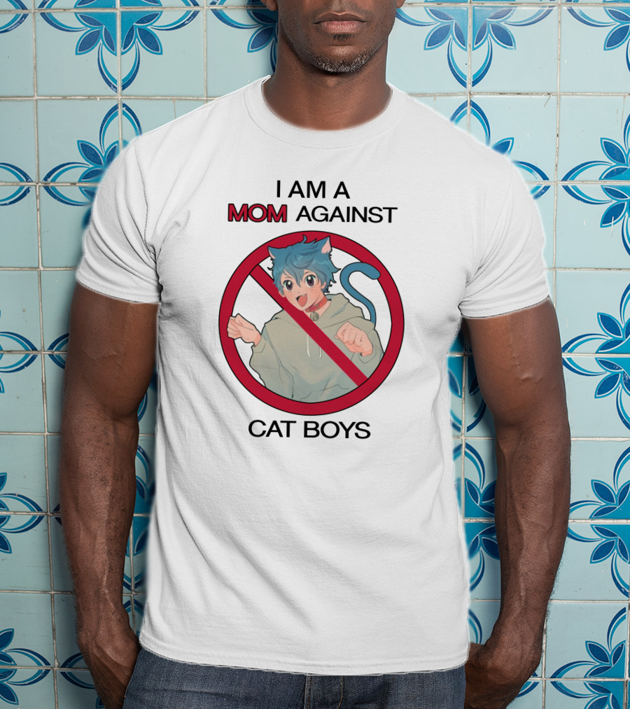 I Am A Mom Against Cat Boys Prohibition Symbol Cartoon Character With Blue Hair And Cat Ears T-Shirt