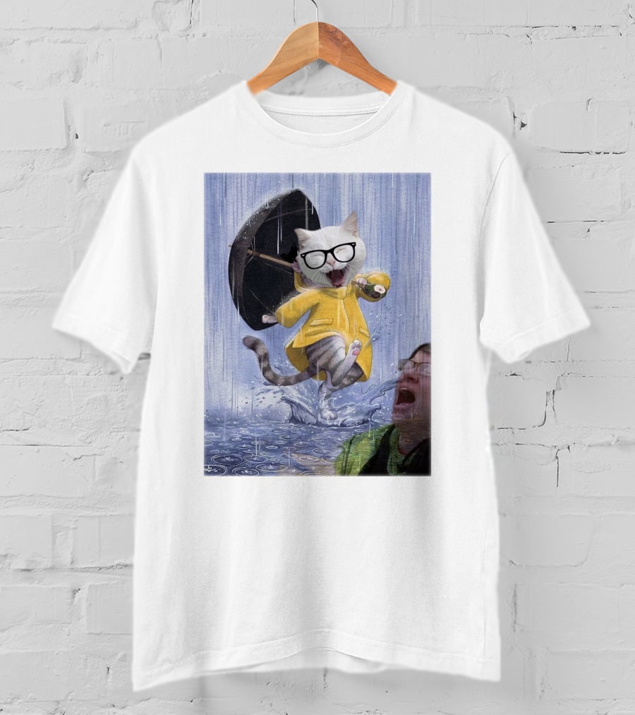 Catturd In Yellow Raincoat With Glasses Holding Umbrella In The Rain T-Shirt