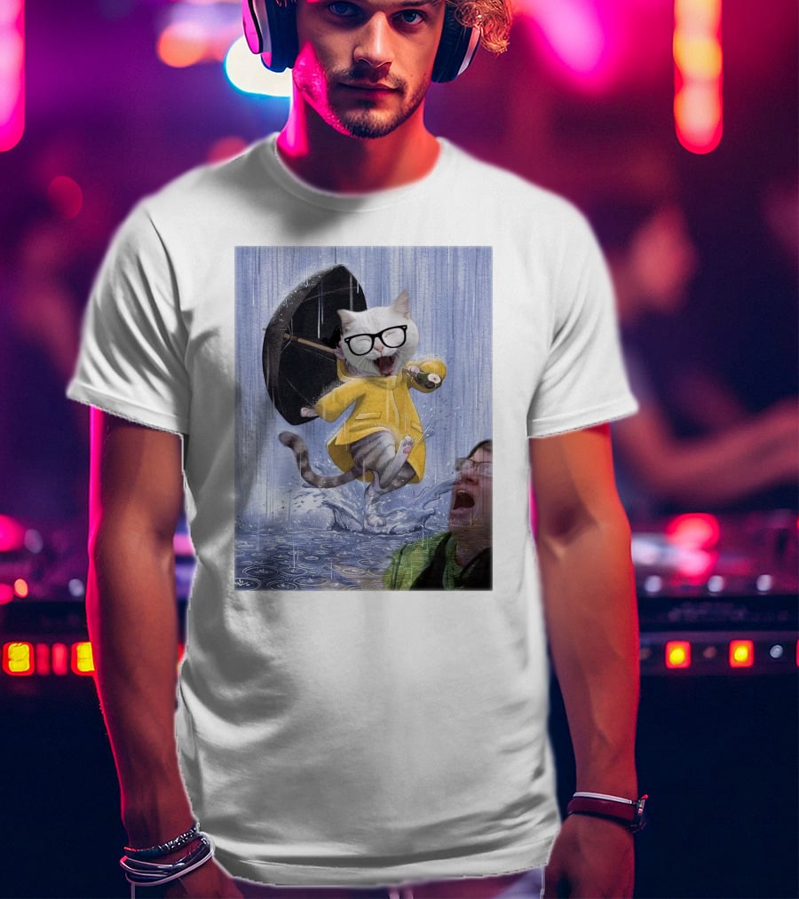 Catturd In Yellow Raincoat With Glasses Holding Umbrella In The Rain T-Shirt