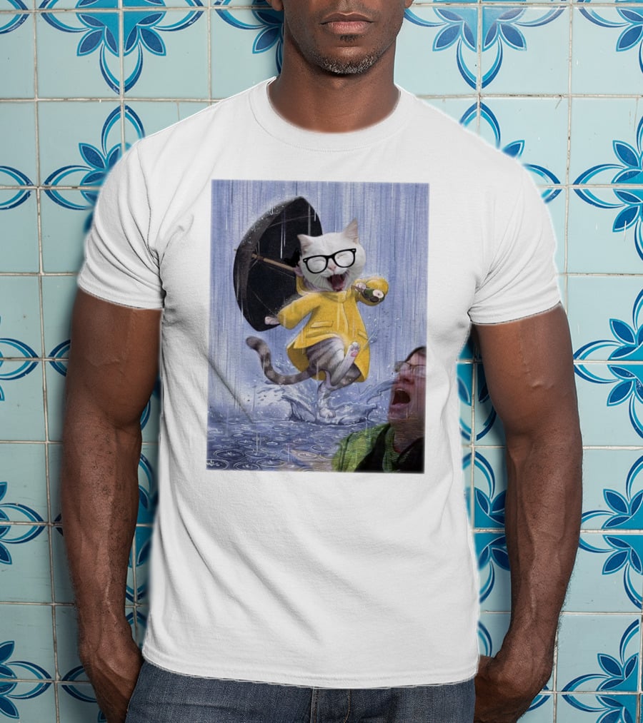 Catturd In Yellow Raincoat With Glasses Holding Umbrella In The Rain T-Shirt