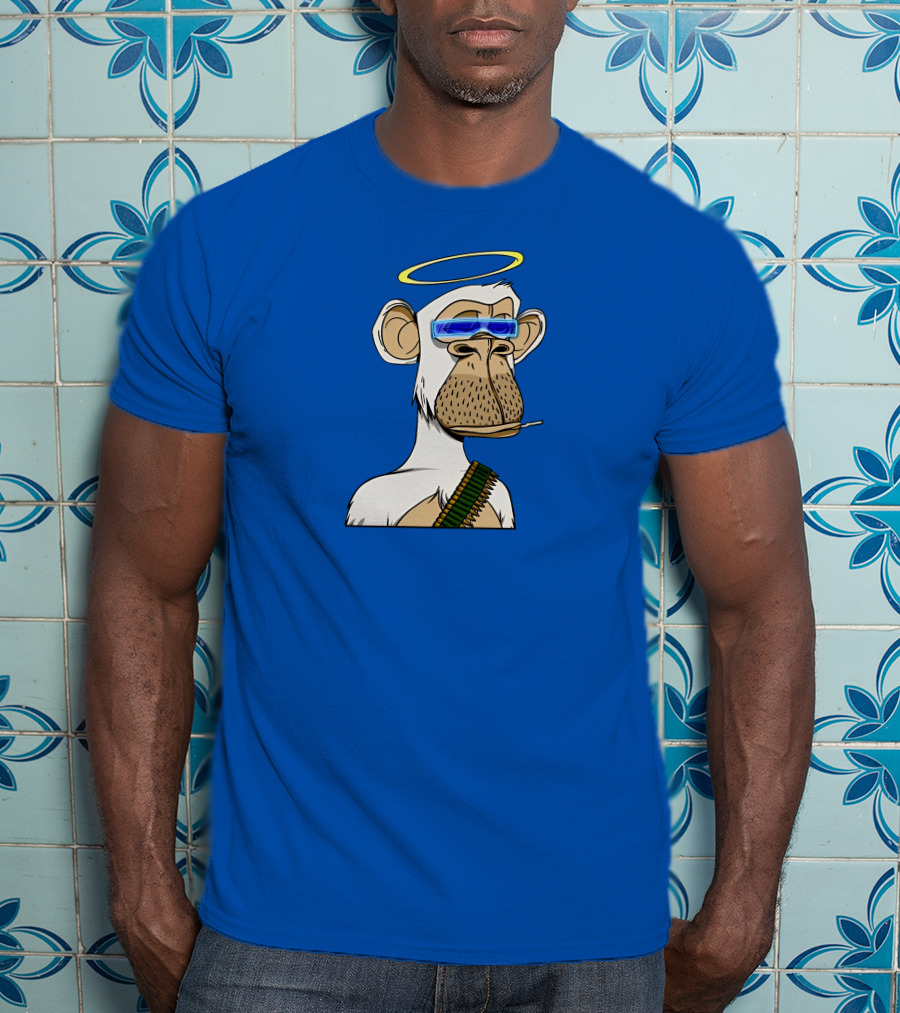 Ginotheghost Bored Ape Yacht Club Angel Halo NFT Ape Blue Background T-Shirt