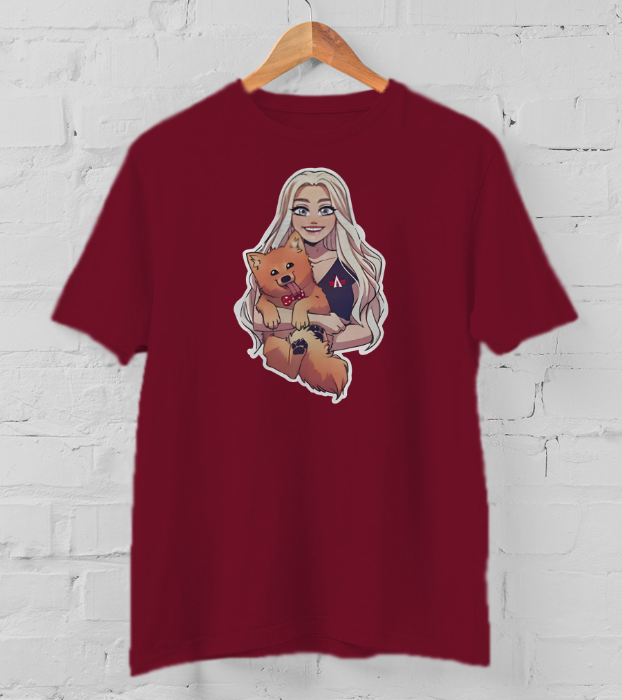 Autumnrhodess Cartoon Character Holding Dog With Red Bowtie On Burgundy Background T-Shirt