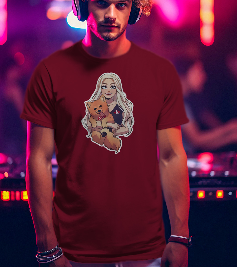 Autumnrhodess Cartoon Character Holding Dog With Red Bowtie On Burgundy Background T-Shirt