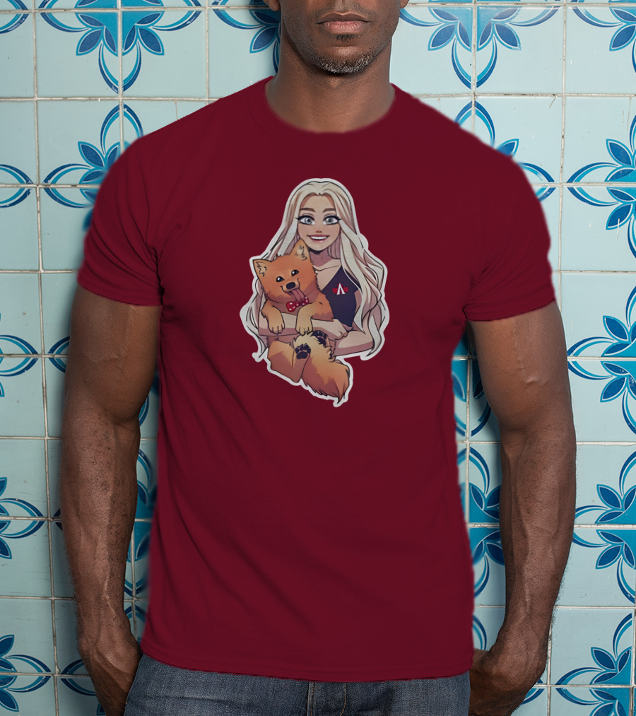 Autumnrhodess Cartoon Character Holding Dog With Red Bowtie On Burgundy Background T-Shirt