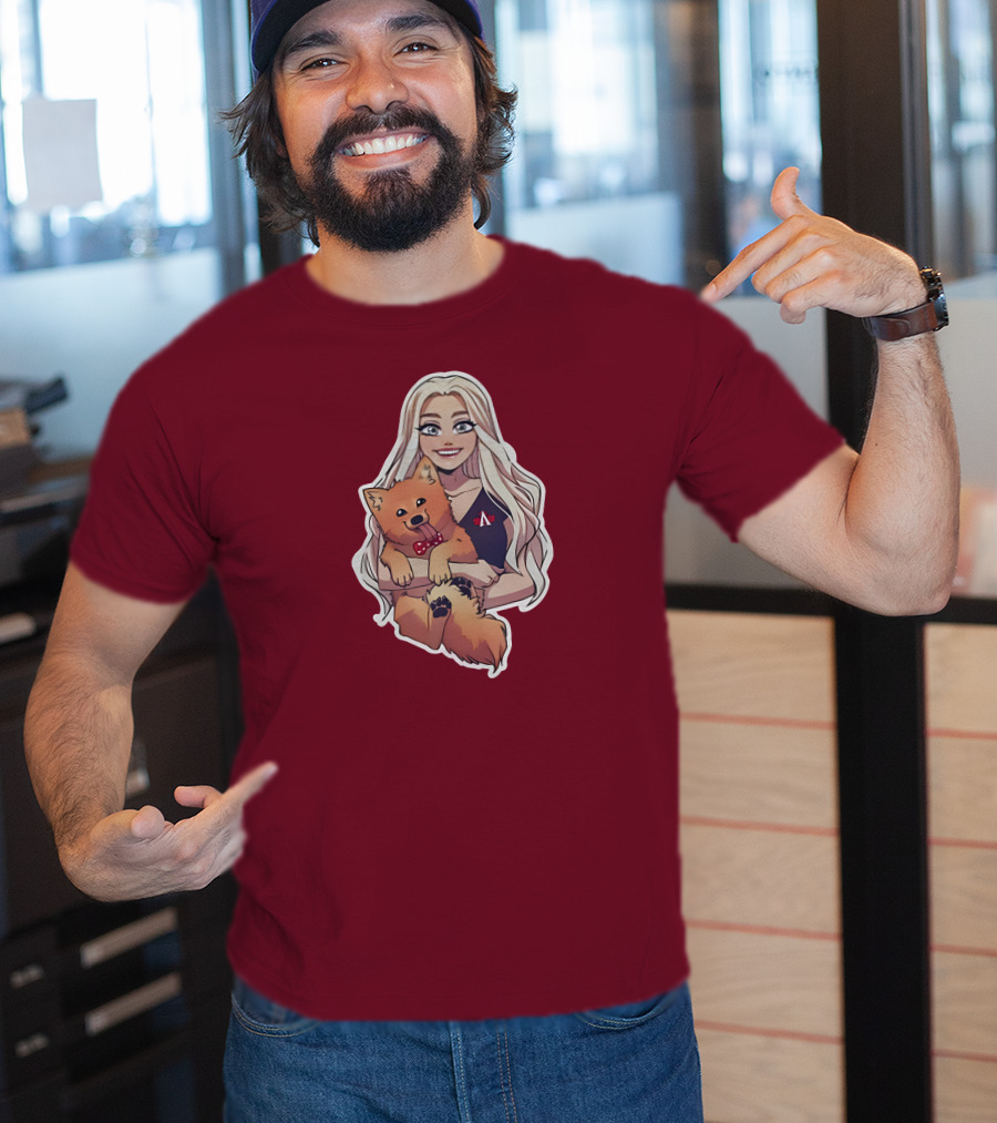 Autumnrhodess Cartoon Character Holding Dog With Red Bowtie On Burgundy Background T-Shirt