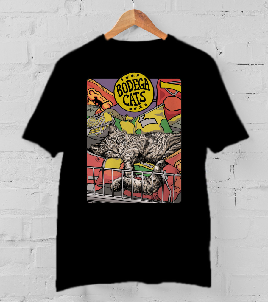 Bodega Cats Sleeping Among Snacks And Bags In Bright Colors T-Shirt