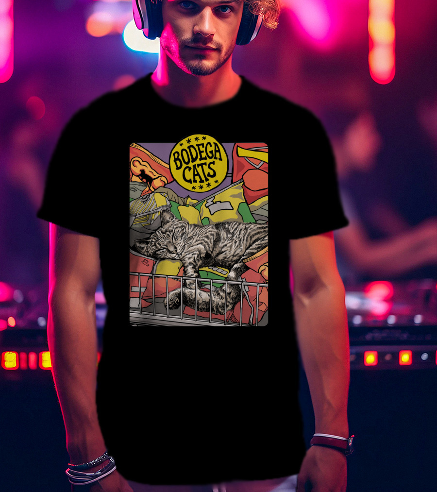 Bodega Cats Sleeping Among Snacks And Bags In Bright Colors T-Shirt