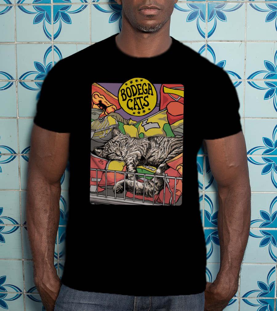 Bodega Cats Sleeping Among Snacks And Bags In Bright Colors T-Shirt