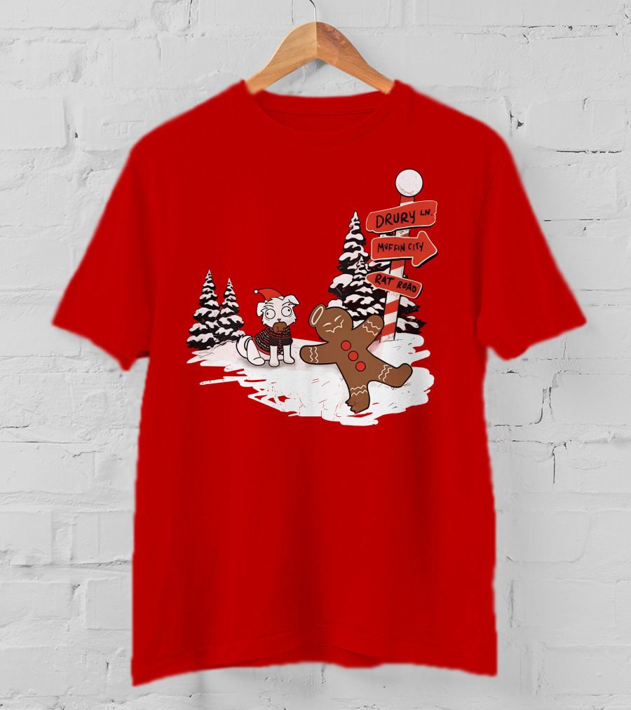 Badboyhalo Holiday Drury Lane Muffin City Rat Road Christmas Dog And Gingerbread Scene T-Shirt