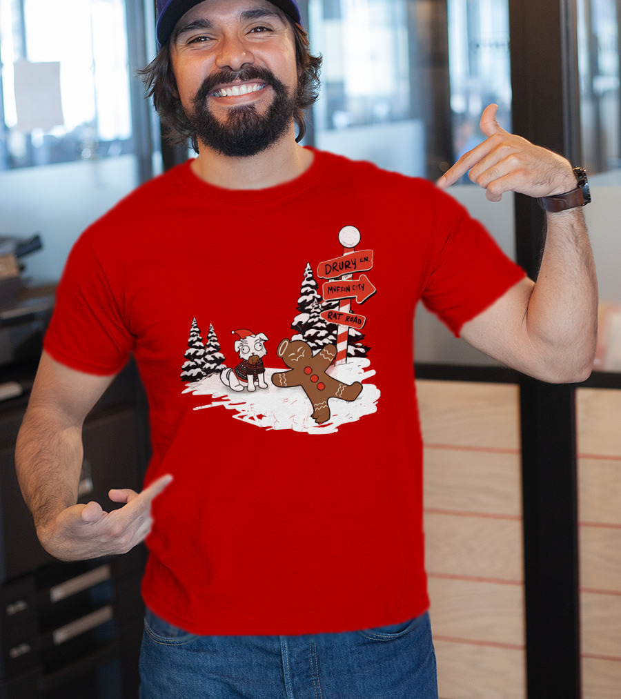 Badboyhalo Holiday Drury Lane Muffin City Rat Road Christmas Dog And Gingerbread Scene T-Shirt