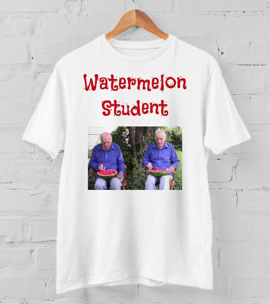 Watermelon Student Eating In Garden With Blue T-Shirt
