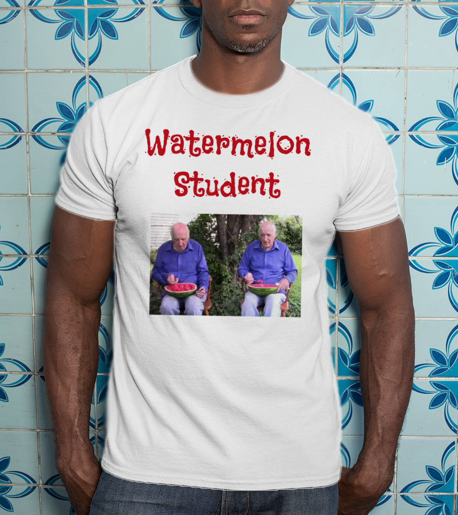 Watermelon Student Eating In Garden With Blue T-Shirt