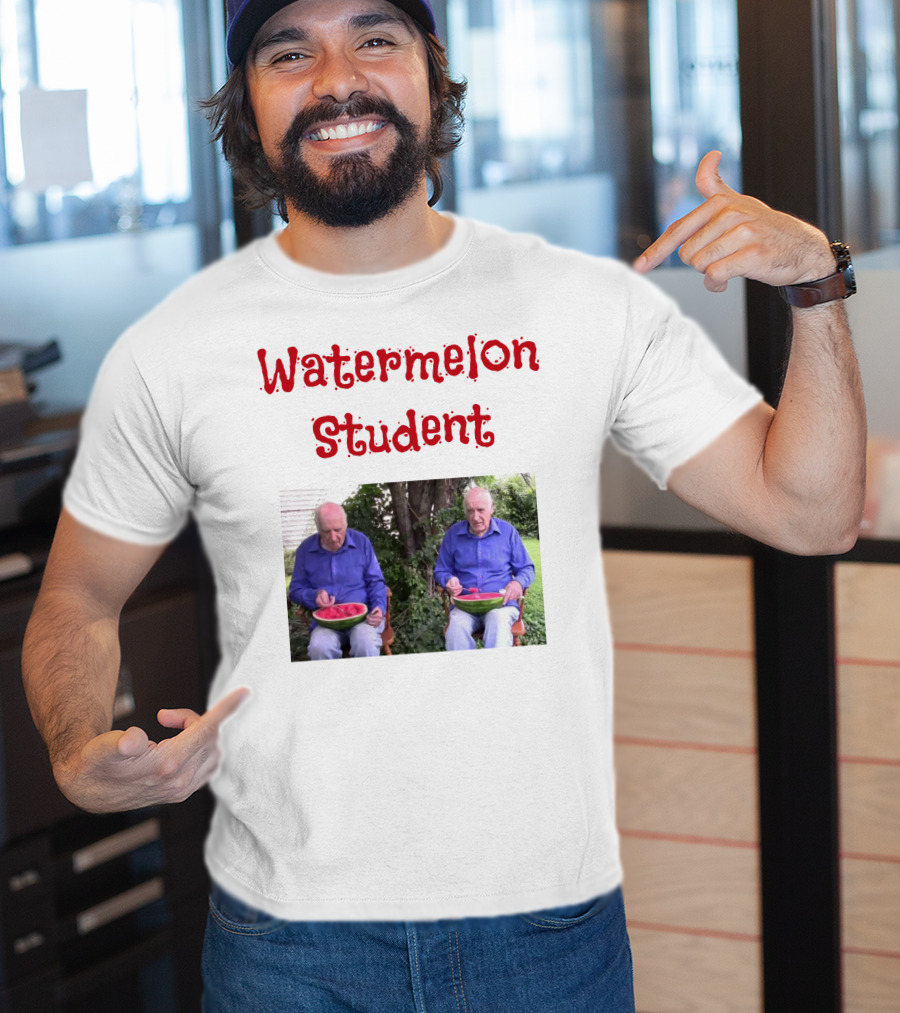 Watermelon Student Eating In Garden With Blue T-Shirt