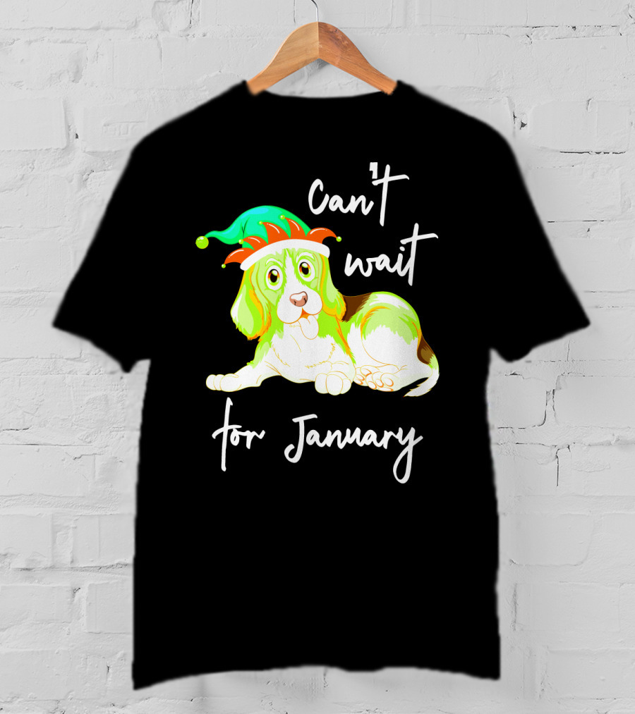 Can't Wait For January Festive Dog With Green And Red Hat T-Shirt