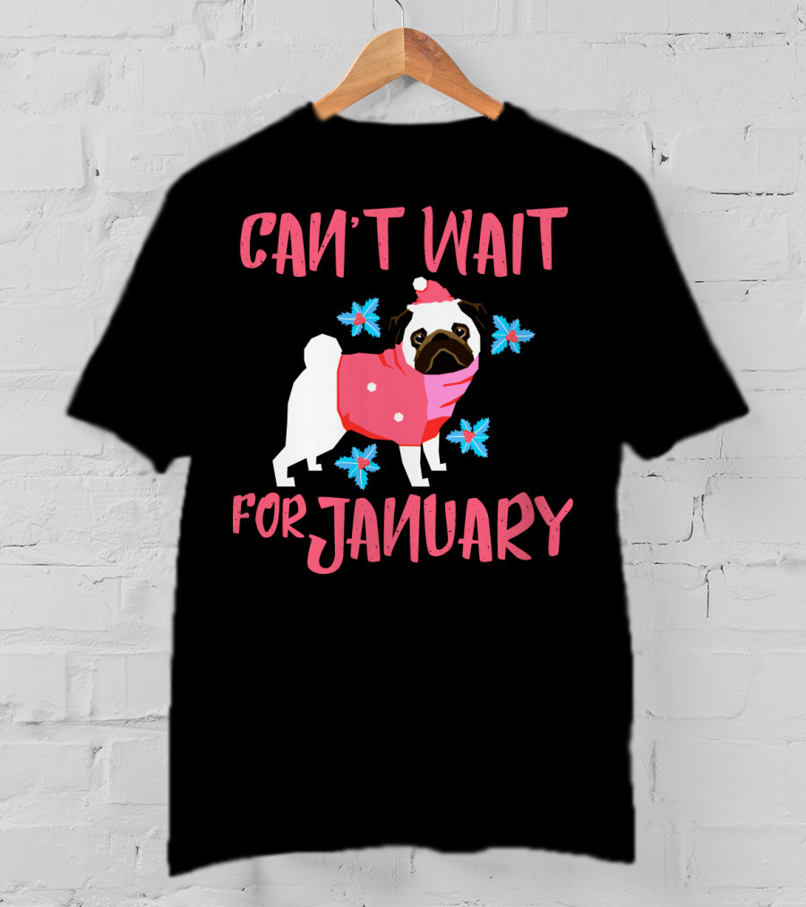 Can't Wait For January Pug IN Santa Hat And Pink Scarf With Snowflakes T-Shirt