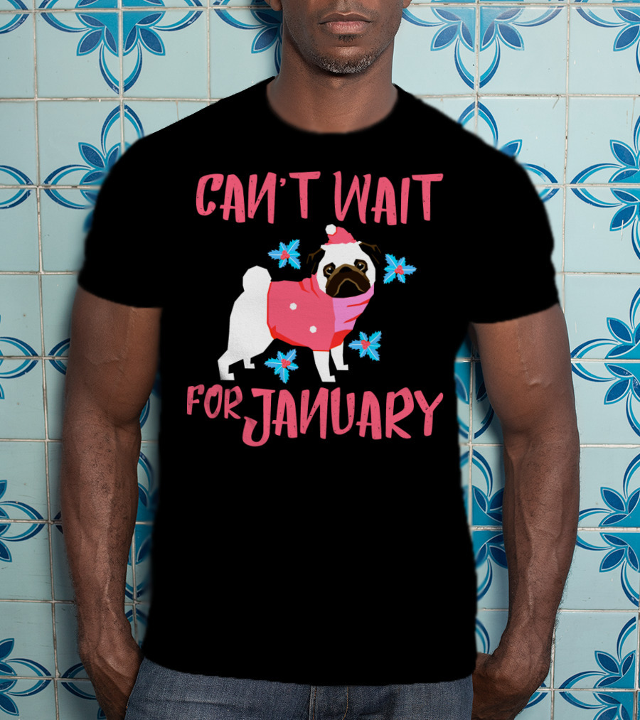 Can't Wait For January Pug IN Santa Hat And Pink Scarf With Snowflakes T-Shirt