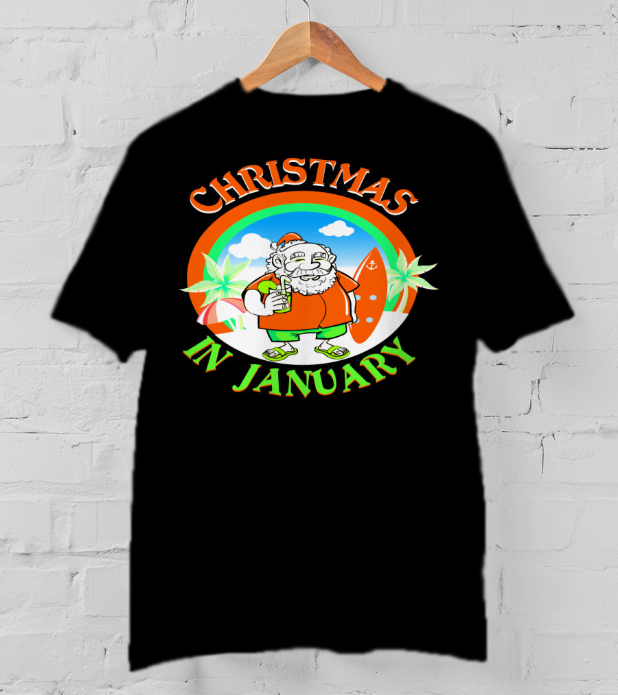 Christmas In January Santa With Surfboard And Drink T-Shirt