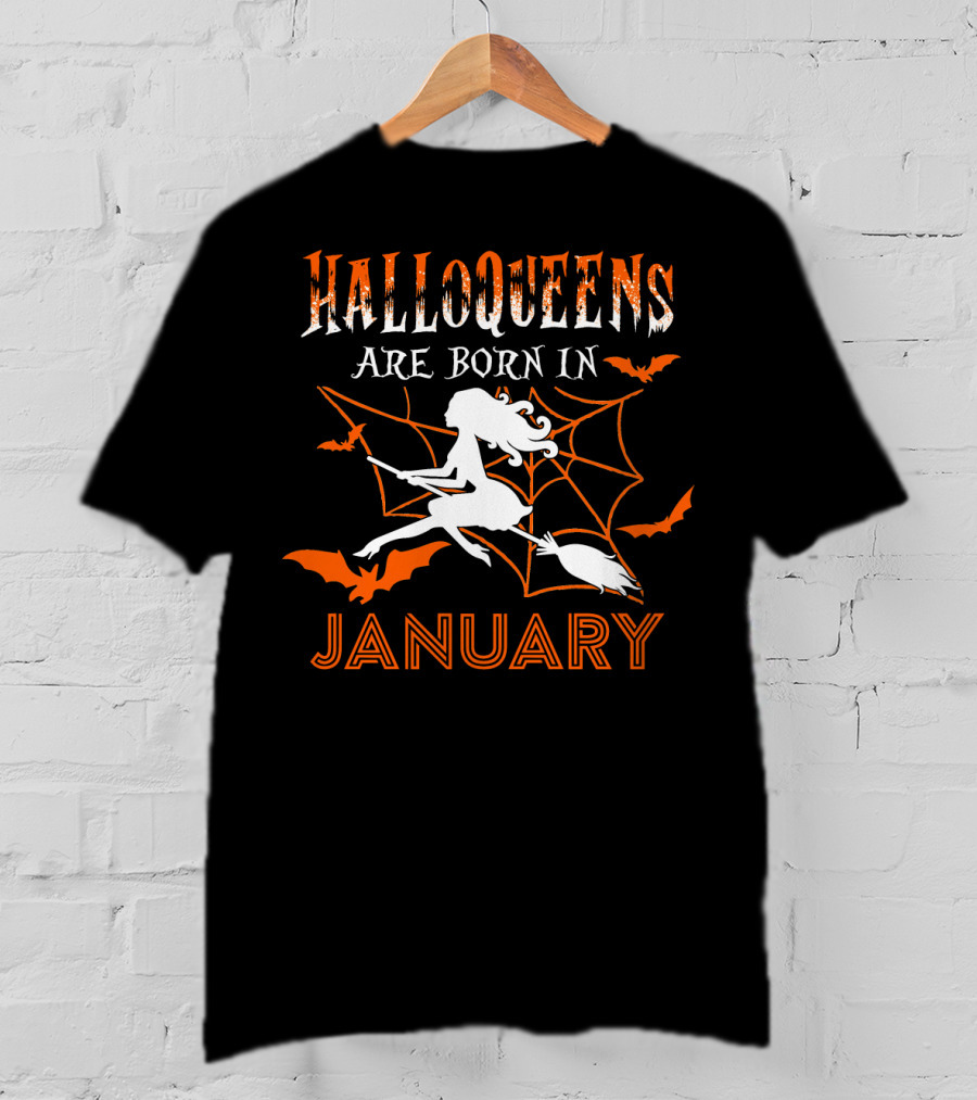 Halloqueens Are Born In January Witch And Bats Halloween Birthday T-Shirt