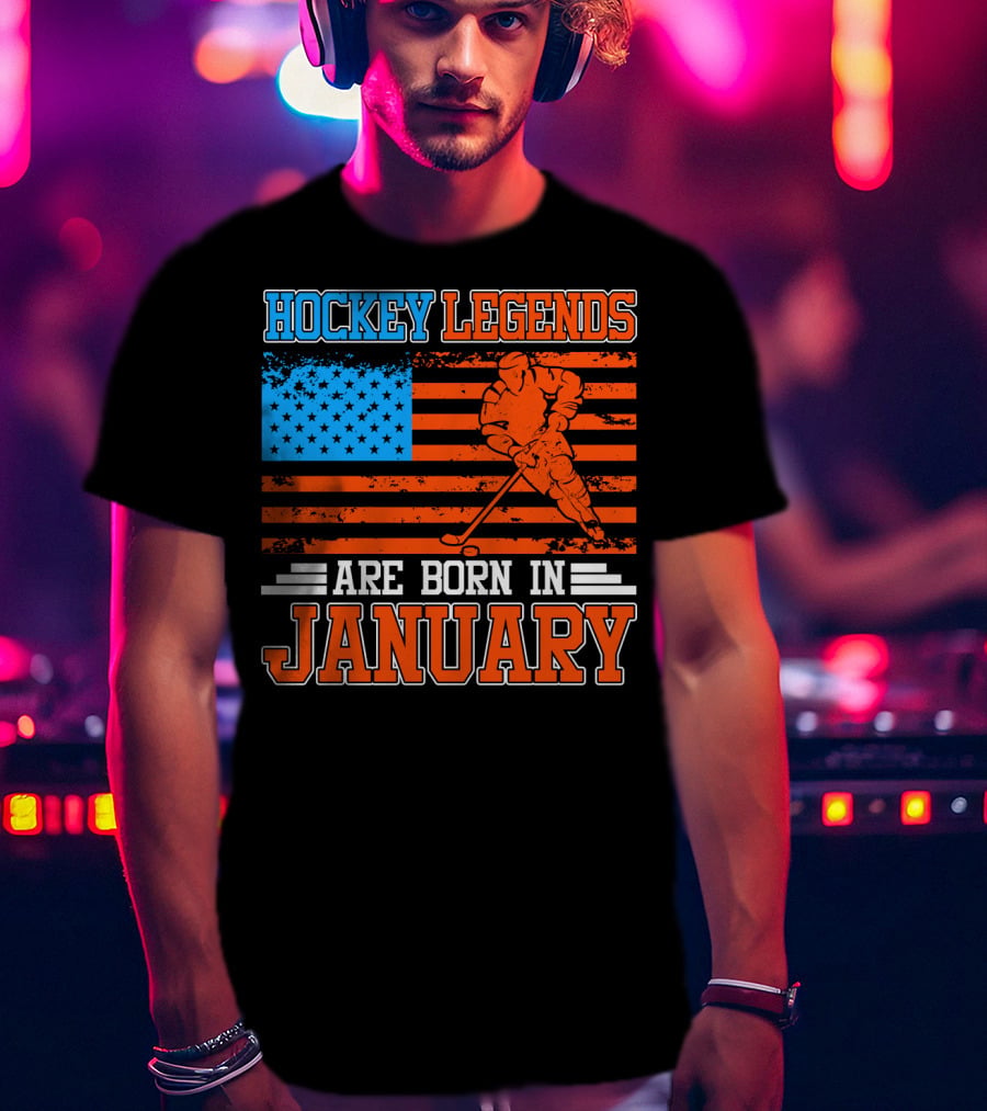 Hockey Legends Are Born In January With American Flag And Skater T-Shirt