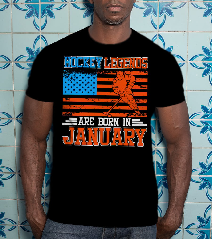 Hockey Legends Are Born In January With American Flag And Skater T-Shirt