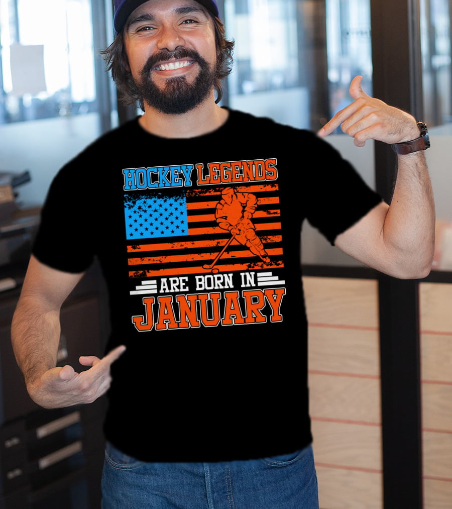 Hockey Legends Are Born In January With American Flag And Skater T-Shirt