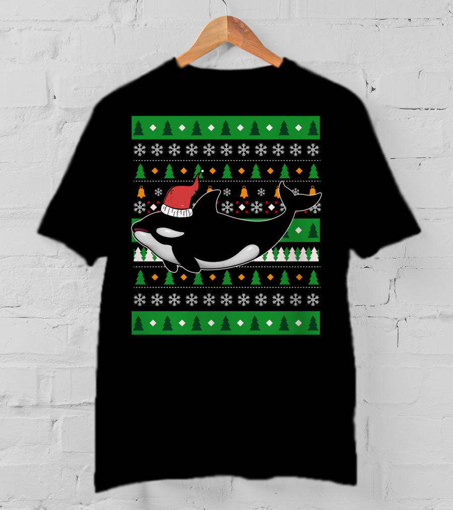 Orca Zookeeper Ugly Christmas Killer Whale Santa Hat Snowflakes Trees T-Shirt