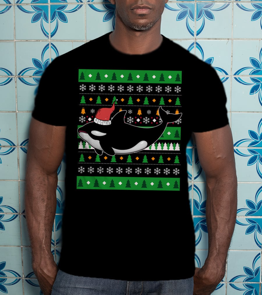 Orca Zookeeper Ugly Christmas Killer Whale Santa Hat Snowflakes Trees T-Shirt