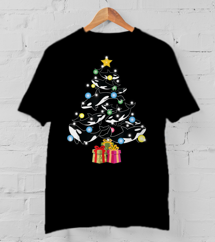 Christmas Orca Whales Tree With Gifts And Decorations T-Shirt