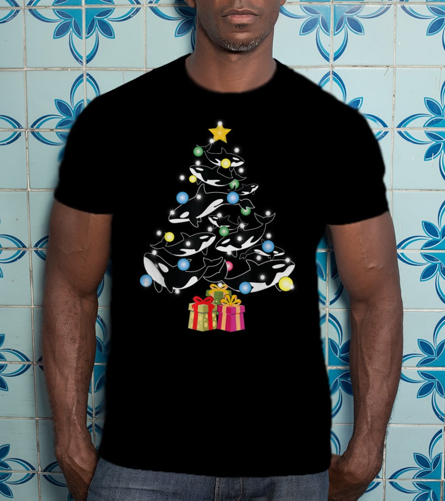 Christmas Orca Whales Tree With Gifts And Decorations T-Shirt