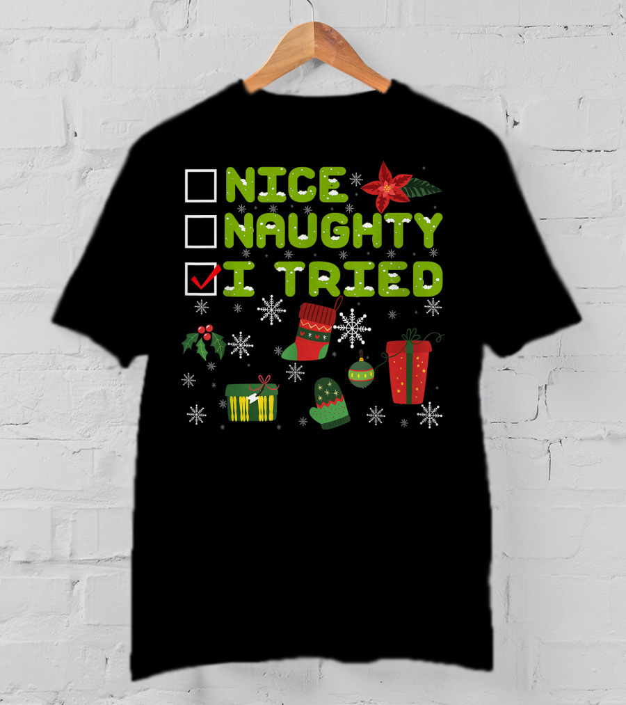 Nice Naughty I Tried Checklist Christmas Pajama With Holiday Icons T-Shirt
