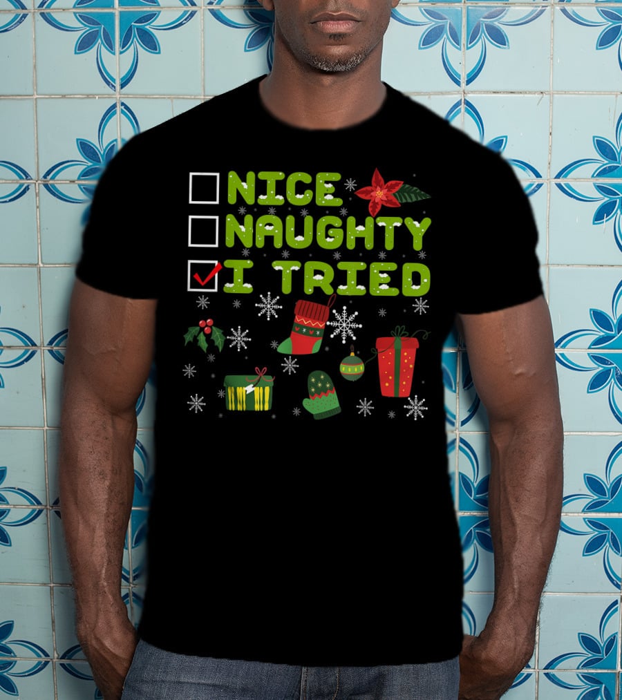 Nice Naughty I Tried Checklist Christmas Pajama With Holiday Icons T-Shirt