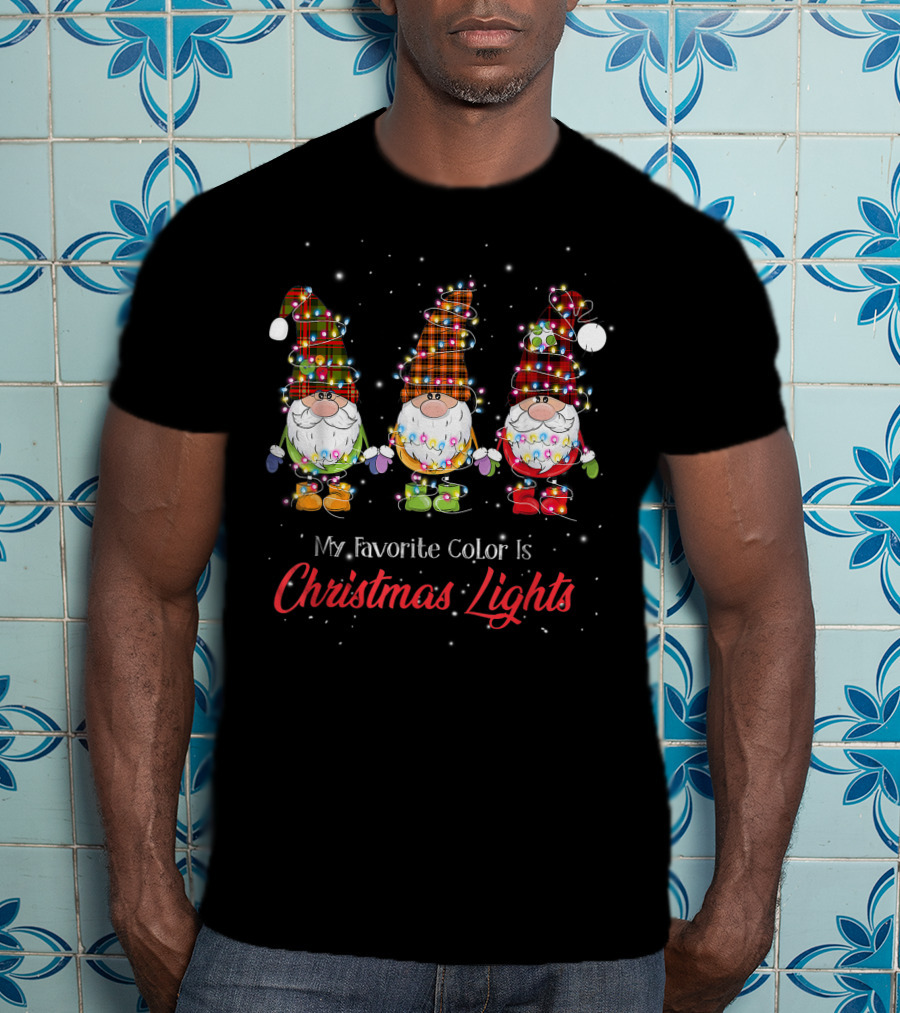 My Favorite Color Is Christmas Lights Gnomies Gnome Buffalo Plaid Trio T-Shirt