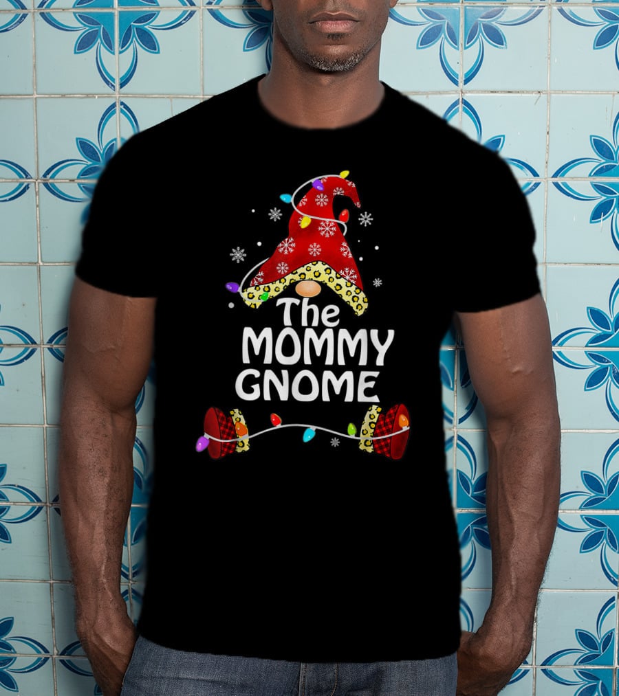 The Mommy Gnome Buffalo Plaid Leopard Print Christmas Lights T-Shirt