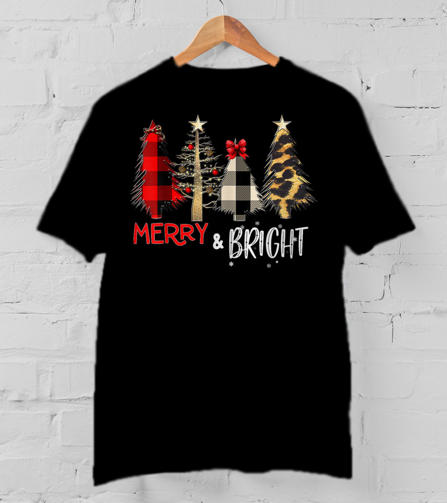 Merry And Bright Christmas Wild Leopard Plaid Trees Xmas T-Shirt