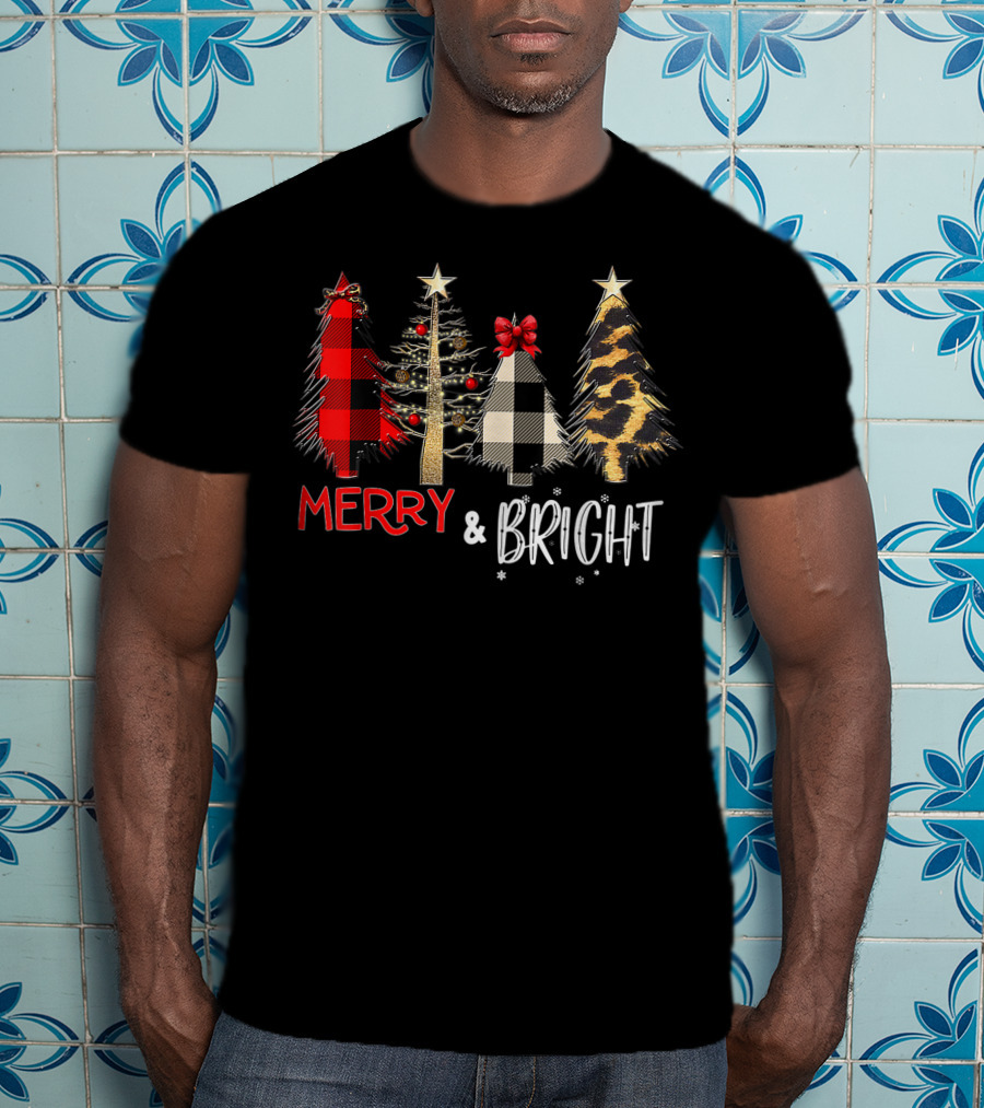 Merry And Bright Christmas Wild Leopard Plaid Trees Xmas T-Shirt